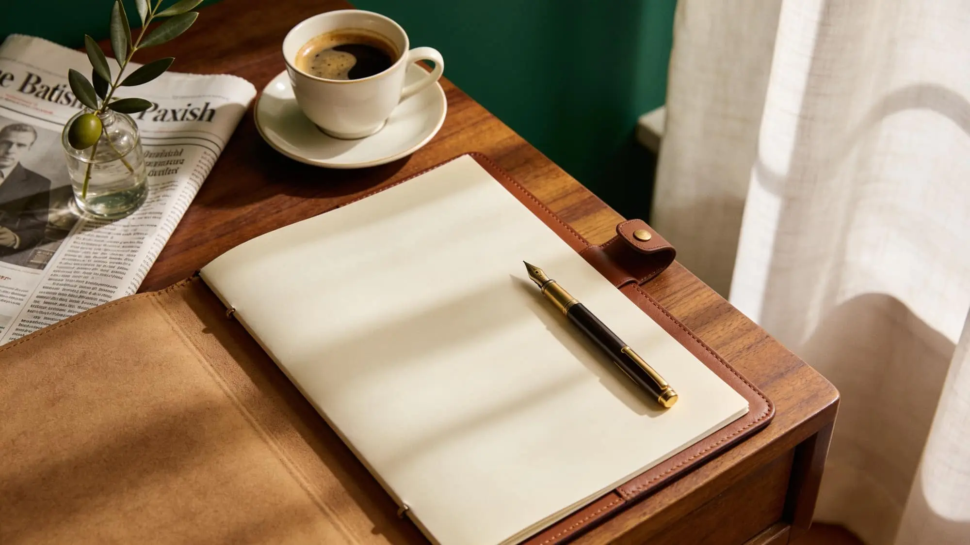 Portafolio de cuero abierto con pluma de latón, café y rama de olivo