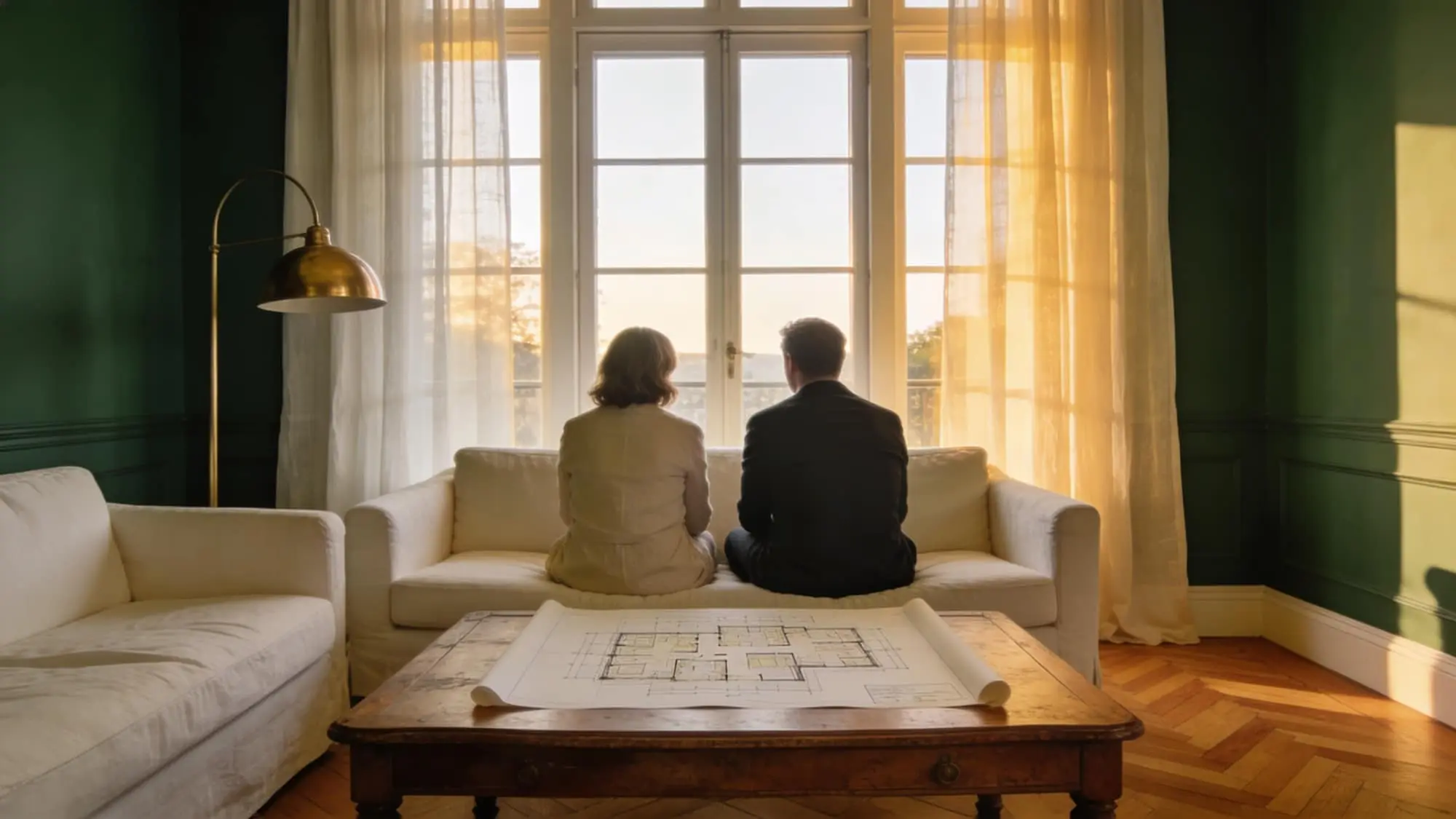 Pareja revisando un plano de vivienda en un salón residencial al atardecer
