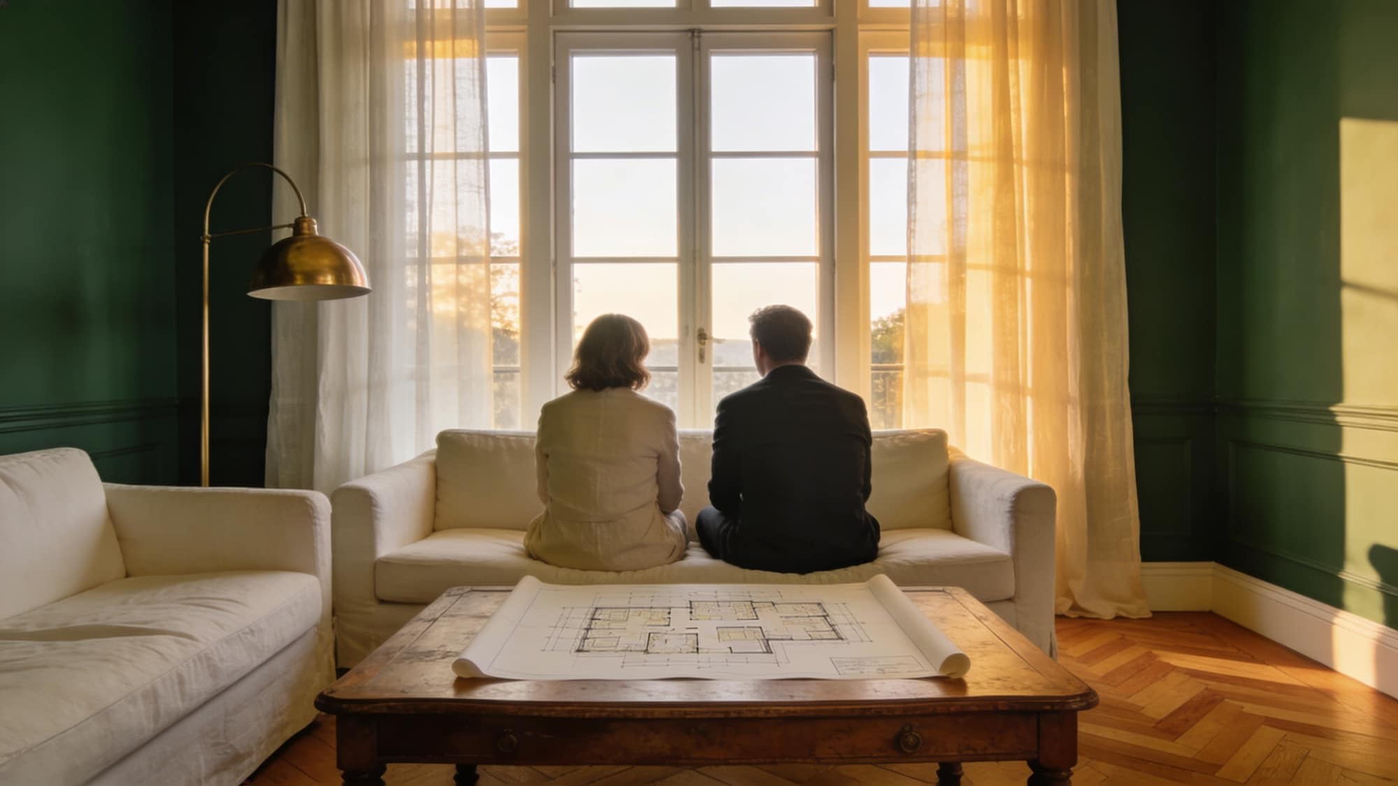 Couple reviewing a home floor plan in a residential living room at sunset