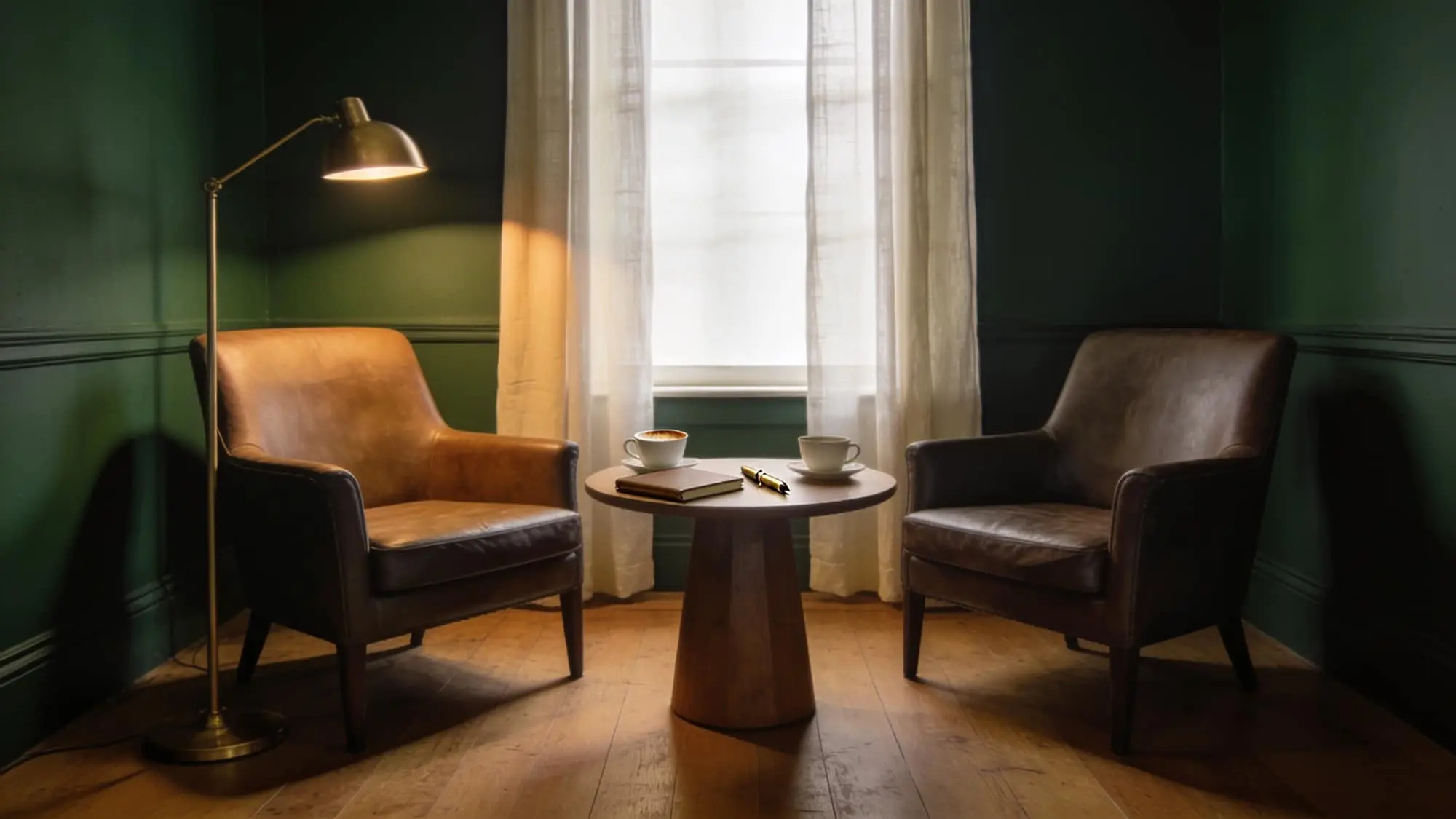 Dos butacas de cuero enfrentadas con mesa baja, cuaderno y dos cafés. Conversación preparada en sala de paredes verdes y luz natural.