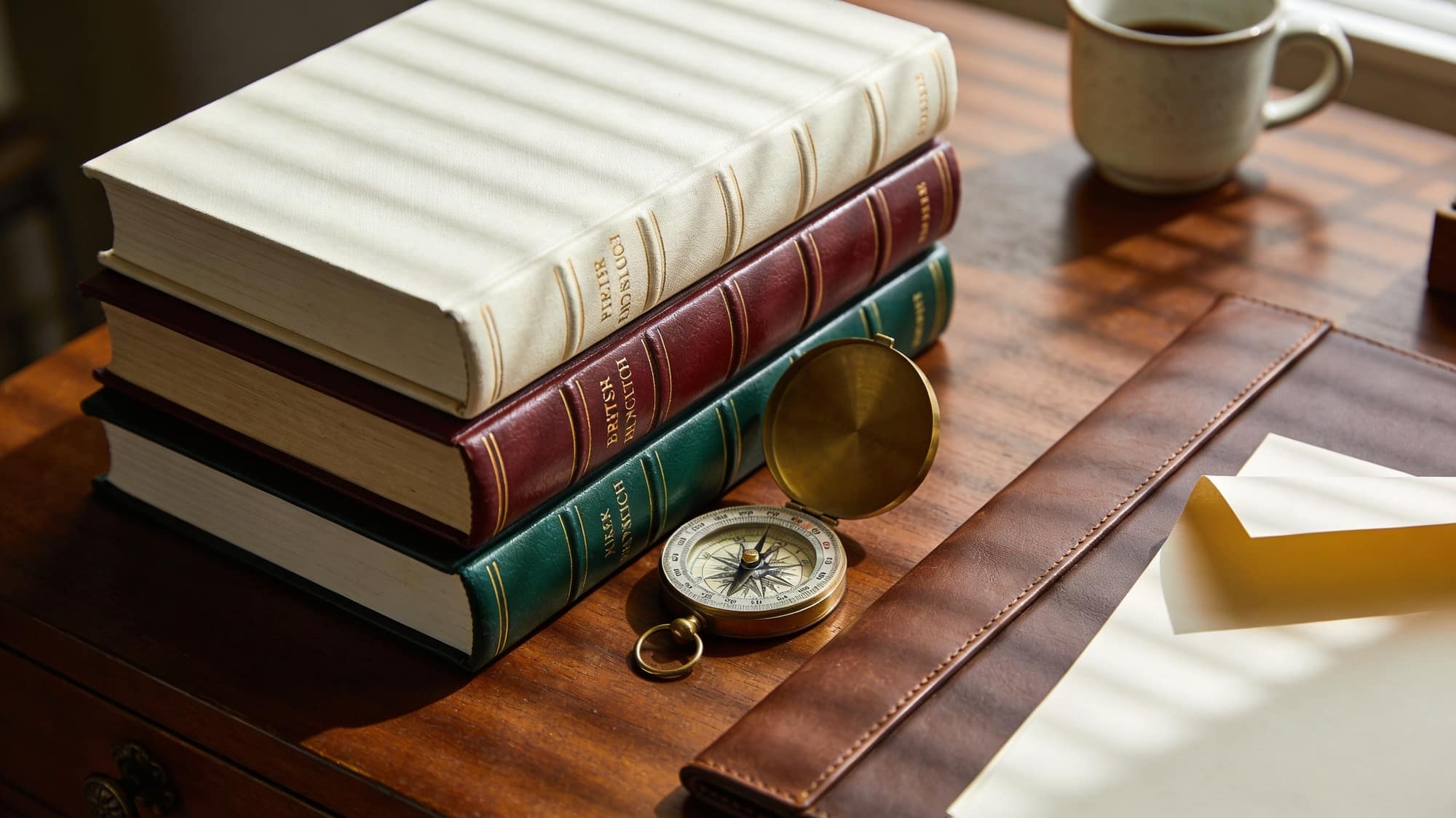 Stack of leather-bound books with brass compass and portfolio