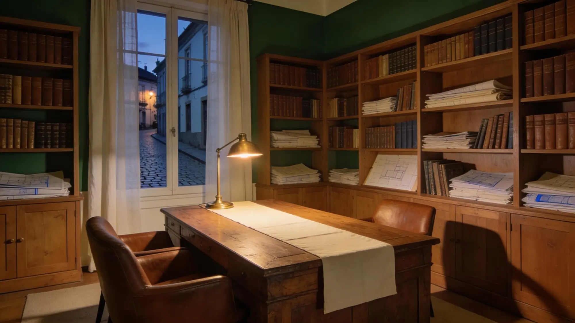 Sala de reuniones de Maison NICHÈ con biblioteca de roble y pared verde Racing