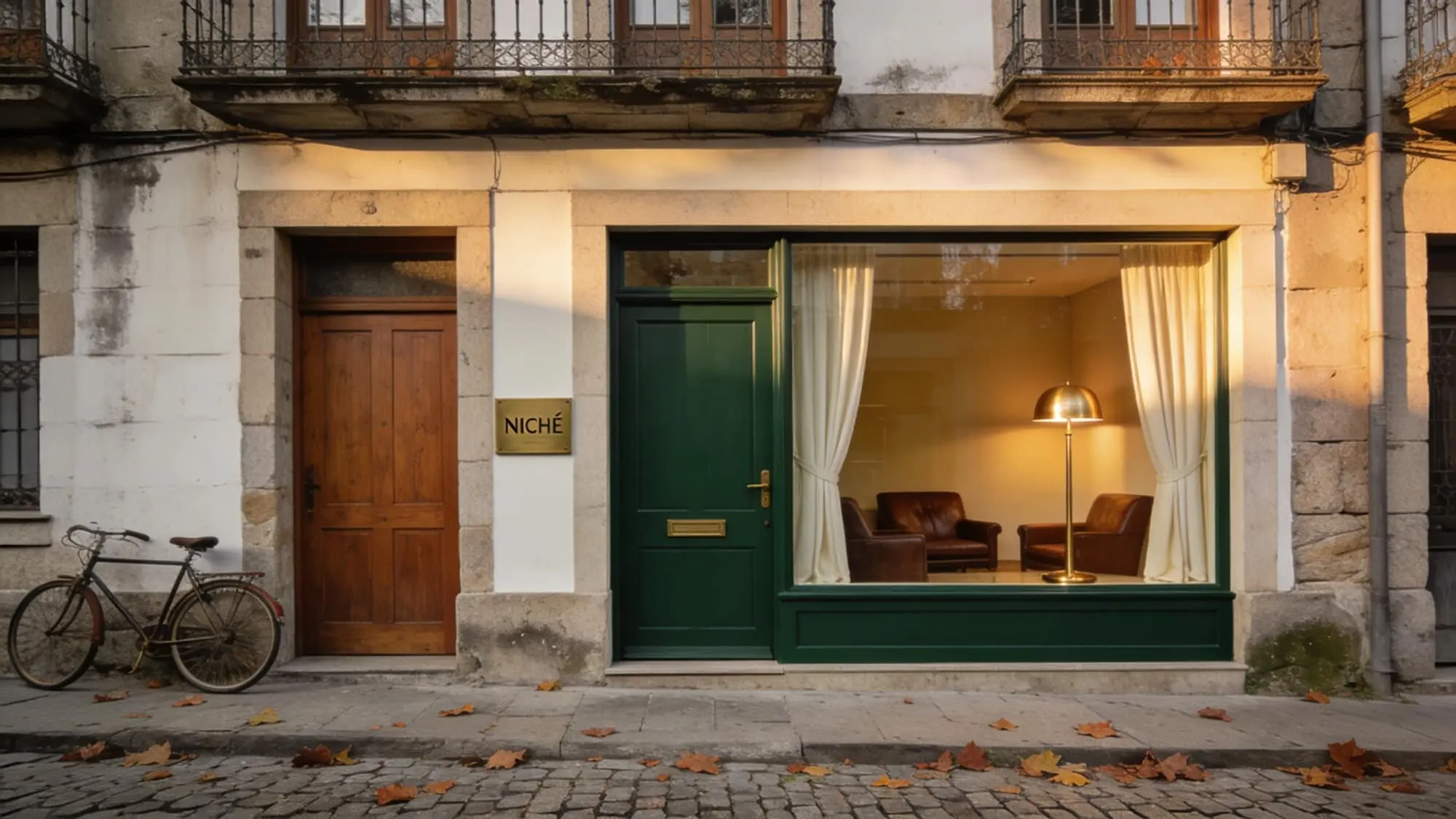 Fachada de Maison NICHÈ en Vigo. Puerta verde Racing y bicicleta vintage