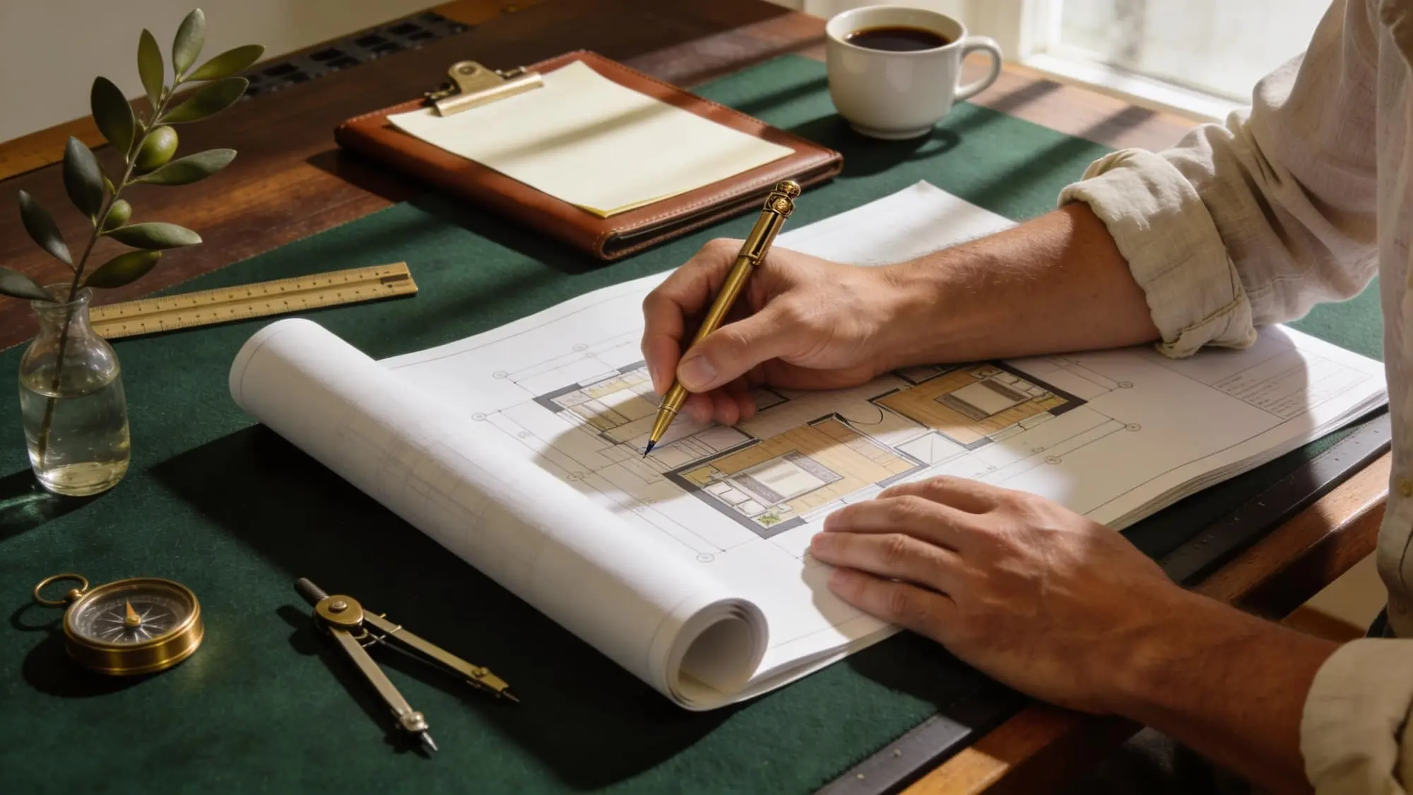 Manos sobre un plano arquitectónico con compás y libreta
