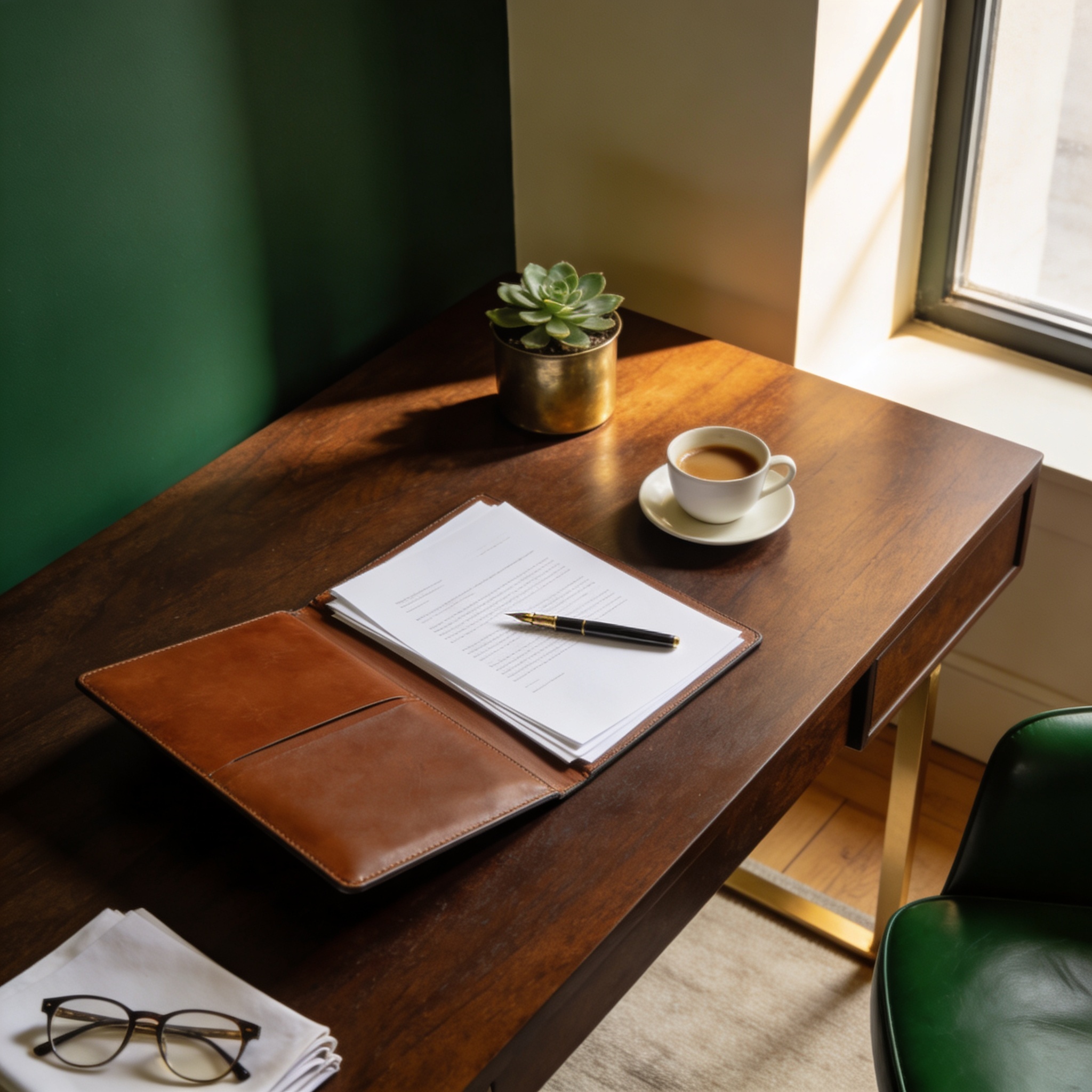 Escritorio con cartera de cuero, documento abierto y pluma. Espacio de análisis financiero NICHÈ.